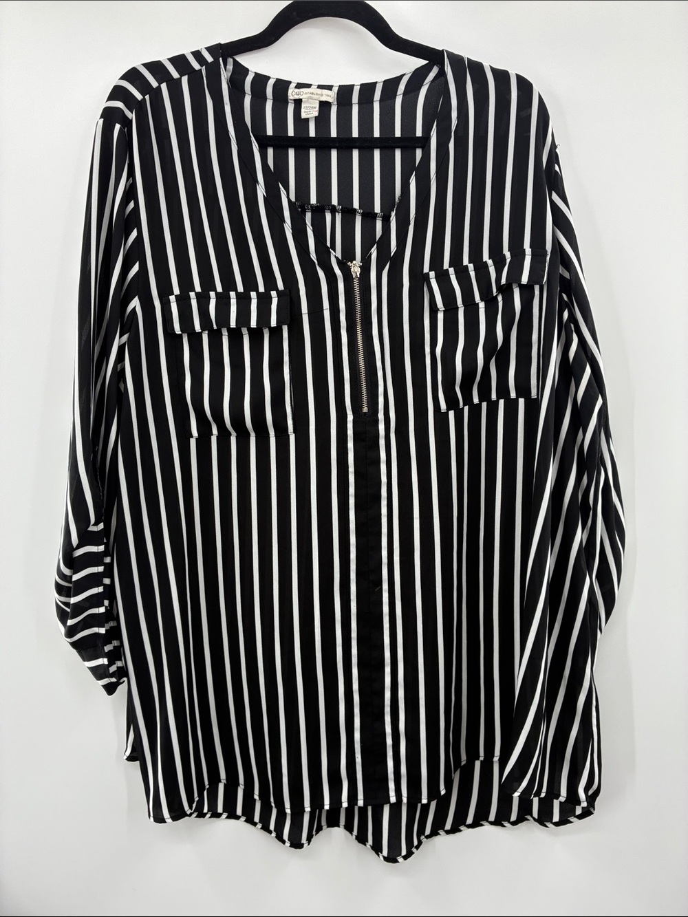 Cache Black and White Vertical Stripe Zip-Front Blouse size 22/24W